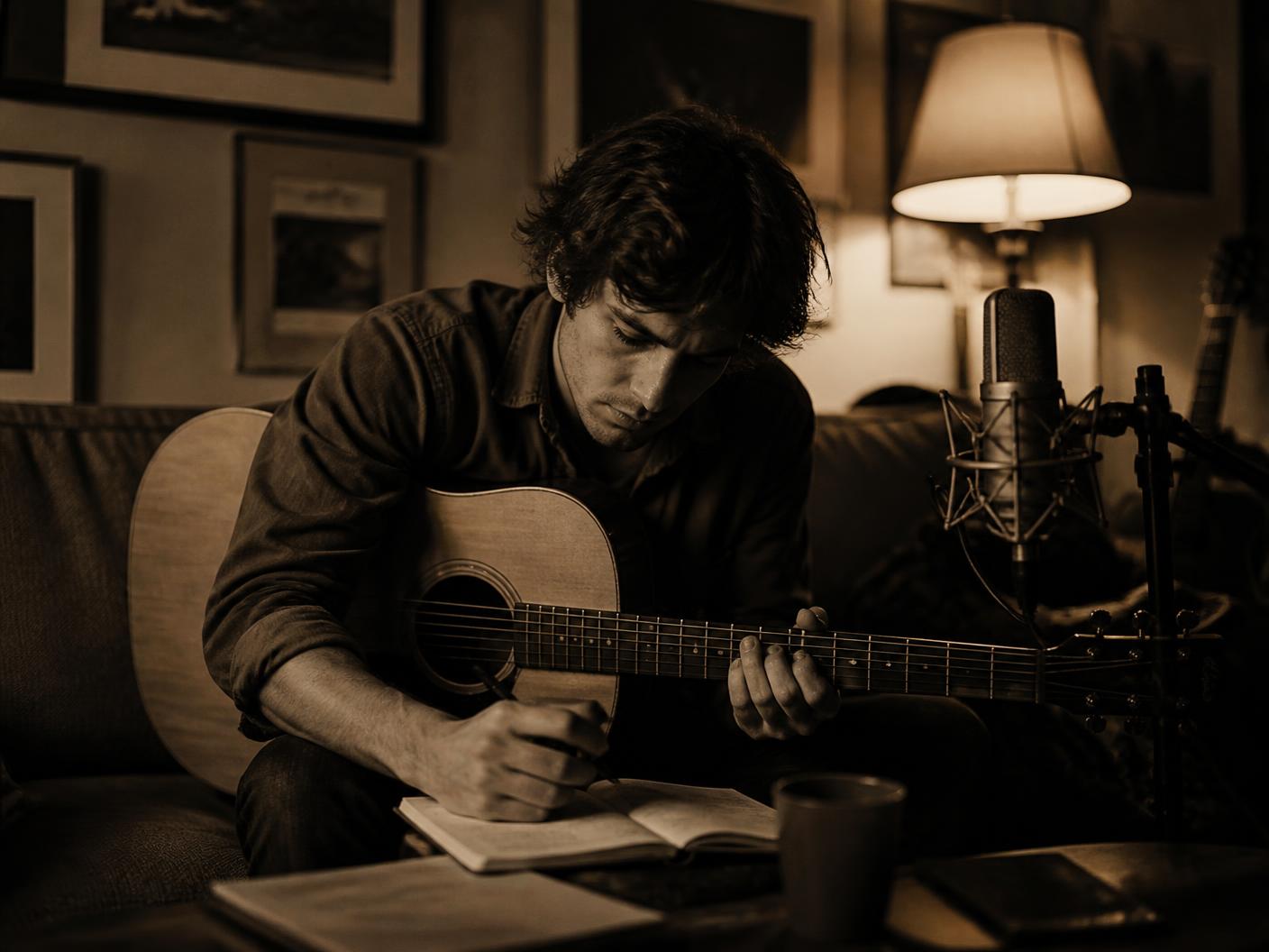 A musician sitting with an acoustic guitar, writing in a notebook beside a microphone in a dim home studio.