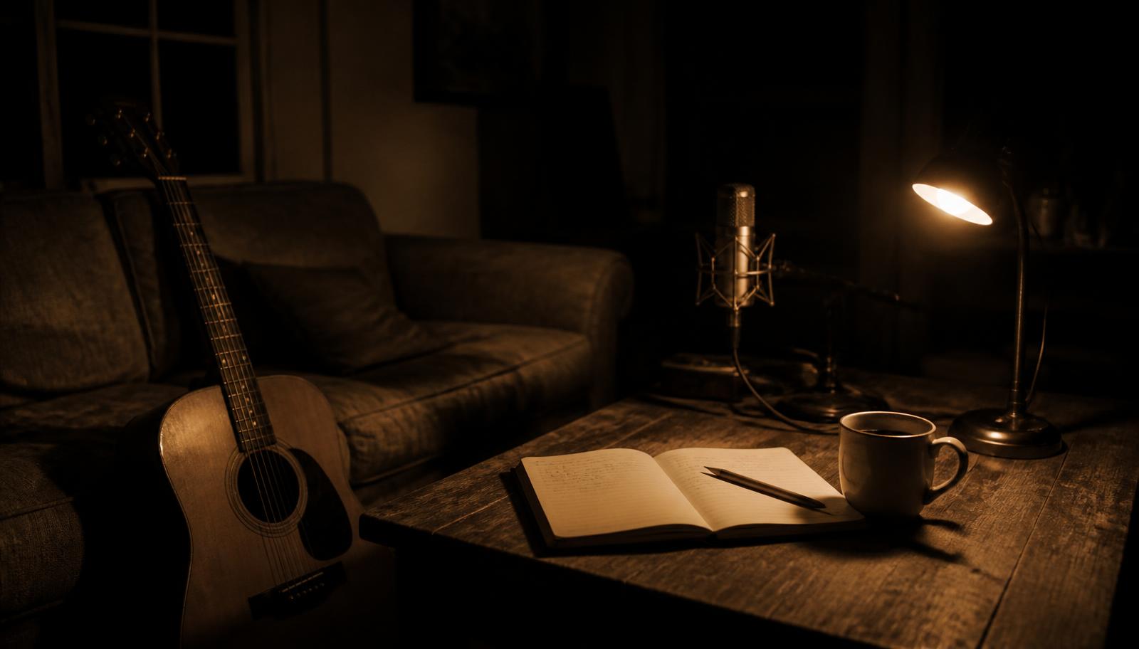 A dim writing room at night: an acoustic guitar, an open notebook and a microphone under a warm lamp.
