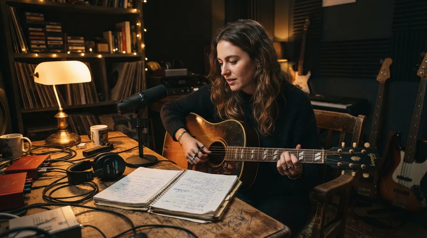 A songwriter with an acoustic guitar, microphone and lyric notebook in a warm home studio