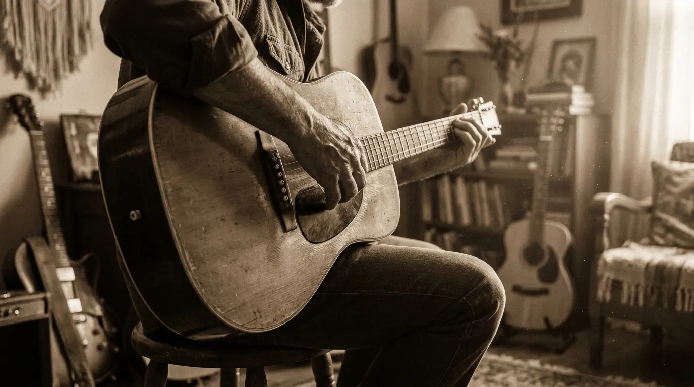A musician seen from behind, playing an acoustic guitar
