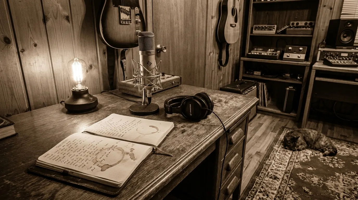 A dim home studio desk with guitars, a microphone, headphones and a notebook
